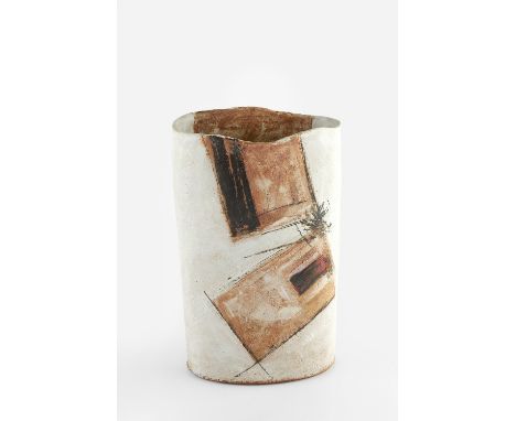 Robin Welch (1936-2019) Vessel  stoneware, with ochre and dark shapes on a cream glaze impressed potter's seal 36cm high.