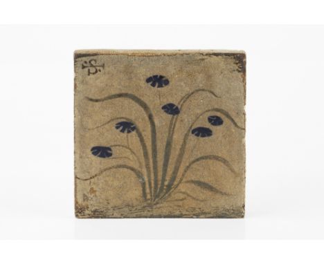 Bernard Leach (1887-1979) Tile painted with blue flowers painted pottery seal 10 x 10cm.