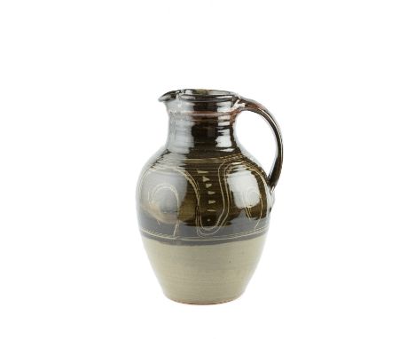 Ray Finch (1914-2012) at Winchcombe Pottery Large Jug tenmoku glaze with combed wave decoration impressed potter's and potter