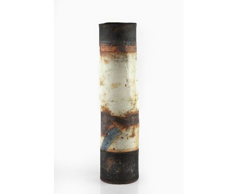 Robin Welch (1936-2019) Tall vessel stoneware, cylindrical form, with textured glazed in between dark bands   impressed potte