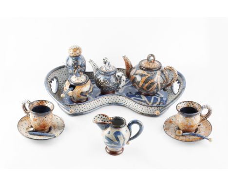 Morgen Hall (1960-2016) Tea and Coffee Set decorated in blue and rust coloured glaze with Islamic motifs comprising tea pot, 