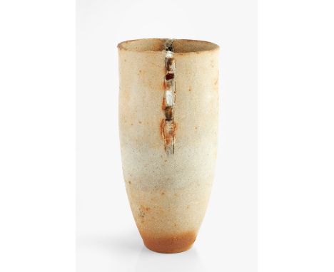Robin Welch (1936-2019) Vessel  stoneware, with textured ochre glaze and vertical strip of colours running from the rim impre