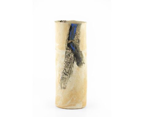 Robin Welch (1936-2019) Vessel stoneware, cylindrical form, with blue and black rectangles on oatmeal ground impressed potter