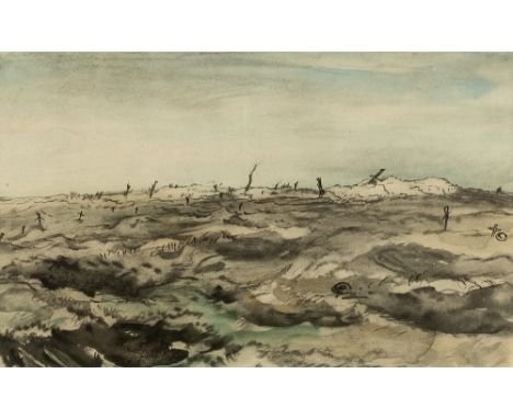 David Muirhead Bone (1876-1953) Battlefield lithograph 26 x 42cm; together with a lithograph of an open doorway by the same a