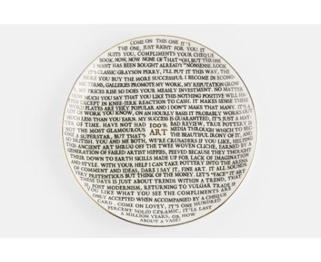 Grayson Perry (b.1960)  100% Art plate, 2020 ceramic plate,  with artist's seal printed on the base, produced for The Holburn