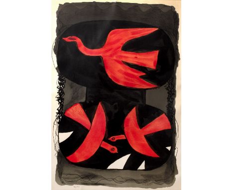 After Georges Braque (1882-1963) Trois Oiseaux Rouges (Red Birds) 89/150, numbered in pencil (in the margin) lithograph 92 x 