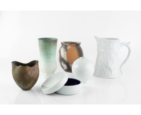 Karin Hessenberg (b.1944) Vase raku 16cm high; and a tapering studio pottery vase marked JH, 19.5cm high; Judith Fisher, a ra