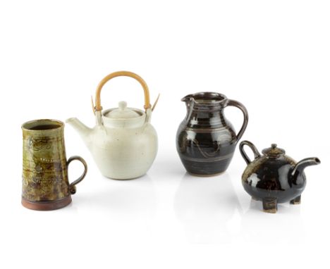 Winchcombe Pottery Teapot and jug impressed pottery seals 24cm high; together with a Leonard Stockley beaker and a tenmoku te