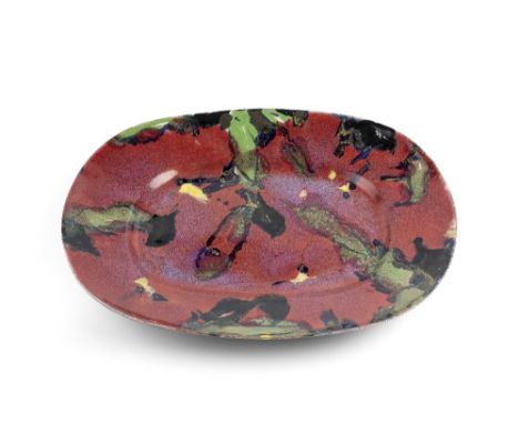 Janice Tchalenko (1942-2018) Large platter green, red, and black glazes 48cm across.