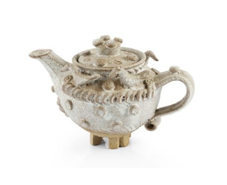 Ian Godfrey (1942-1992) Teapot stoneware, decorated with birds 9cm high, 14cm across