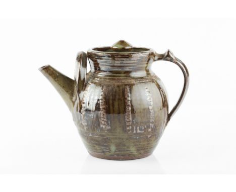 Michael Cardew (1901-1983) at Wenford Bridge Teapot layered iron glazes on green ash glaze impressed potter's and pottery sea