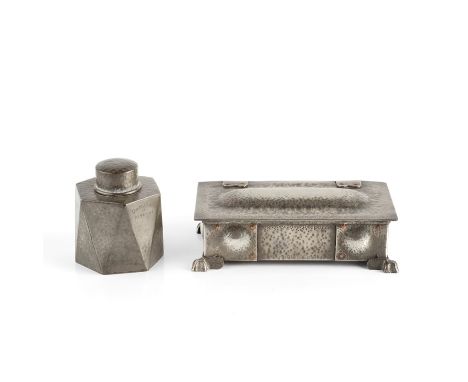 Manner of Albert Edward Jones (1878-1954) Arts &amp; Crafts casket, early 20th Century hammered pewter 6cm high, 17cm across;