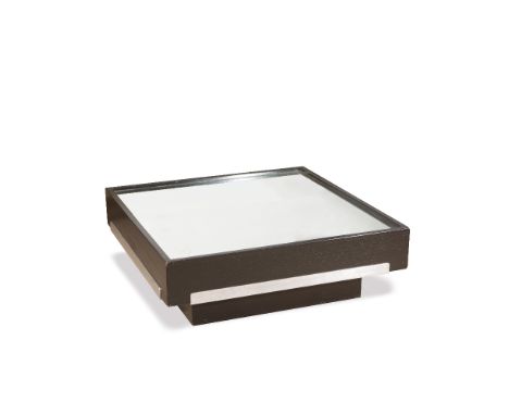 Arkana  Coffee table, 1974 black lacquered oak with square inset mirrored top 31cm high, 86cm wide, 86cm deep. Provenance: So