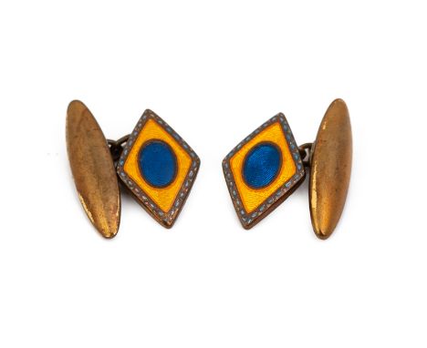A PAIR OF ART DECO GILT METAL AND ENAMEL CUFFLINKS Of lozenge shape with blue and orange enamels, 1930s 1.7cm long x 1cm wide