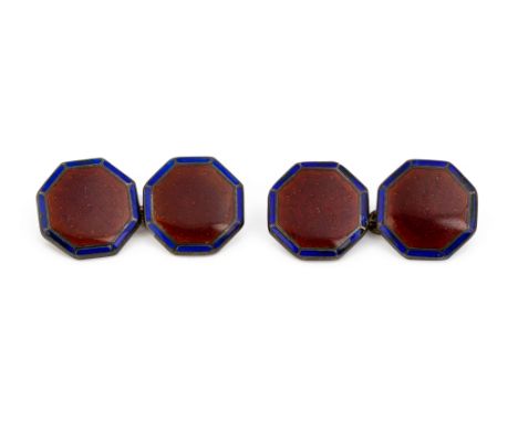 A PIR OF RED AND BLUE ENAMEL CUFFLINKS Octagonal, with red guilloche enamel centre within a blue enamel border 1.2cm in diame
