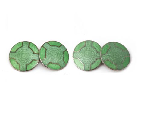 A PAIR OF GREEN GUILLOCHE ENAMEL CUFFLINKS Circular with radiating design 1930s 1.5cm in diameter Condition: Minor signs of w