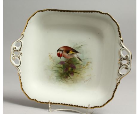 A ROYAL WORCESTER TWO HANDLED DISH painted with a goldfinch, titled, by E. Townsend, signed with black mark.