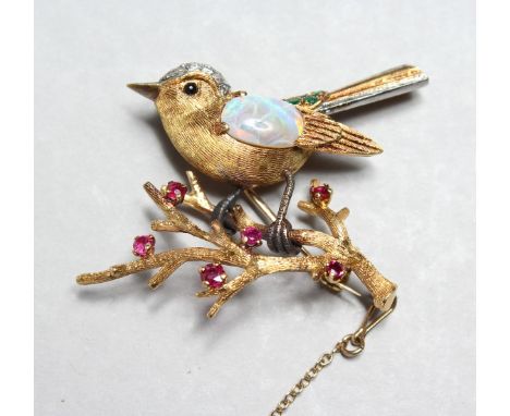 A SUPERB GOLD, OPAL, DIAMOND AND RUBY SET BIRD on a branch.