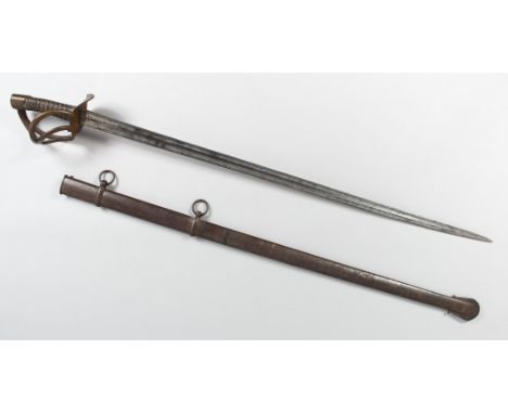 A FRENCH 1811 KLINGENTHAL CURASSIER SWORD AND SCABBARD, with double fullered taping straight balde, pierced brass knuckle bow