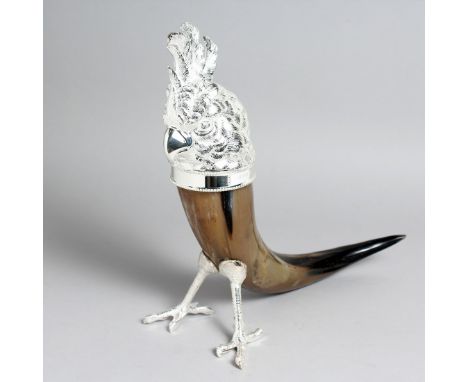 A SILVER PLATE AND HORN COCKATOO SHAPE INKWELL, 12.5ins high.