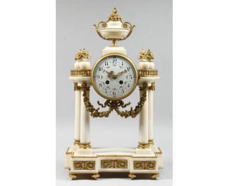 A GOOD 19TH CENTURY FRENCH WHITE MARBLE AND ORMOLU PORTICO MANTLE CLOCK with a brass drum shape eight day movement, striking 