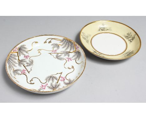AN EARLY 19TH CENTURY BARR WORCESTER YELLOW GROUND SAUCER DISH, printed with 'Country Folk and a NEW HALL SAUCER DISH painted