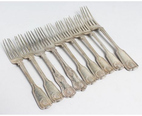 A SET OF EIGHT VICTORIAN FIDDLE THREAD AND SHELL DESSERT FORKS and a matching table fork.  London 1893. Maker J A &amp; T S. 