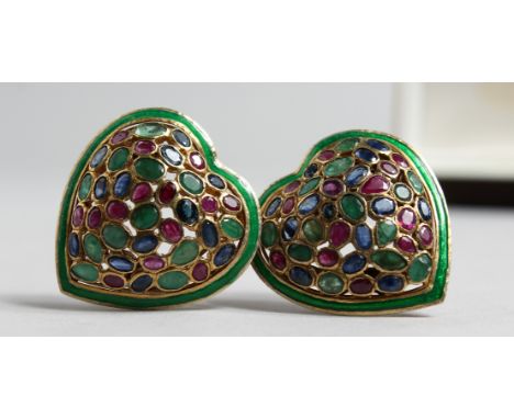 A PAIR OF GOLD, RUBY, SAPPHIRE AND EMERALD HEART SHAPE EARRINGS.