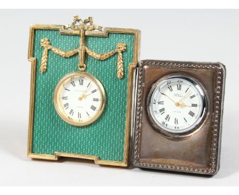 AN R. CARR SILVER CASED TRAVELLING CLOCK, 2.5ins high and another by KITNEY &amp; CO.  3.75ins high (2).