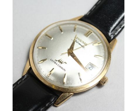 A GENTLEMAN'S LONGINES GOLD FILLED AUTOMATIC WRISTWATCH, with silvered dial, button numeral, sweep second hand and date apert