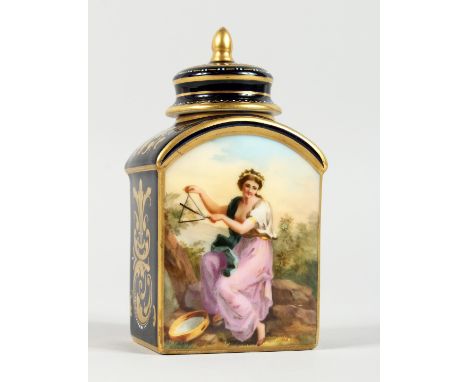 A GOOD VIENNA TEA CADDY AND COVER, BLUE AND GILT GROUND, painted with reverse panels of classical ladies. Vienna beehive mark