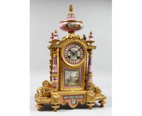 A GOOD 19TH CENTURY FRENCH ORMOLU AND PORCELAIN MANTLE CLOCK with eight day movement striking on a bell, the dial painted wit