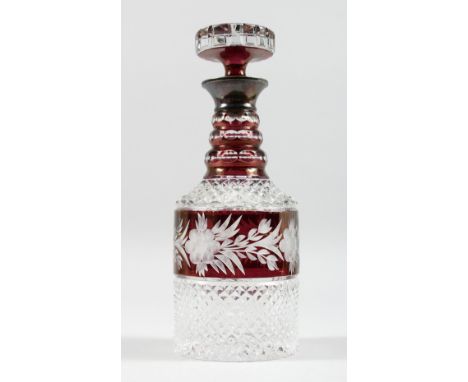 A VERY GOOD CUT GLASS PLAIN AND RUBY DECANTER AND STOPPER with silver band. 11ins high.