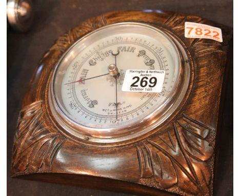 Square carved oak wall aneroid barometer. Not available for in-house P&amp;P. 