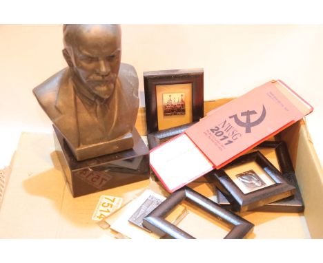 Metal bust of Lenin and five small framed Russian items. P&amp;P Group 3 (£25+VAT for the first lot and £5+VAT for subsequent