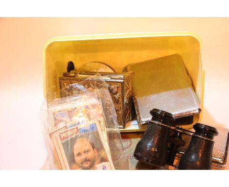 Box of mixed collectables including opera glasses, mother of pearl compact etc. Not available for in-house P&amp;P. 