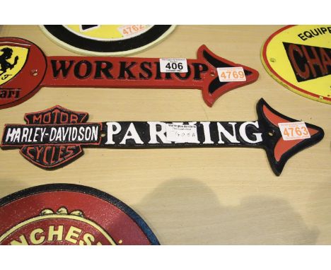 Cast iron Harley Davidson parking arrow sign, 40 x 11 cm. P&amp;P Group 2 (£18+VAT for the first lot and £3+VAT for subsequen