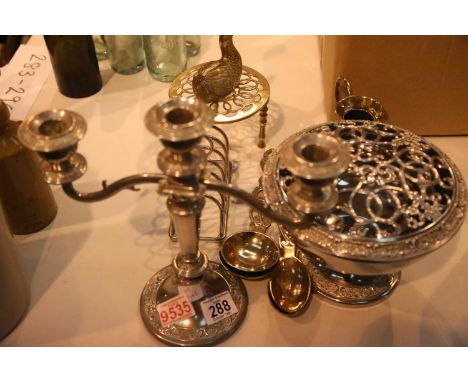 Collection of silver plated ware and copper and brass including three stem candlestick. Not available for in-house P&amp;P. 