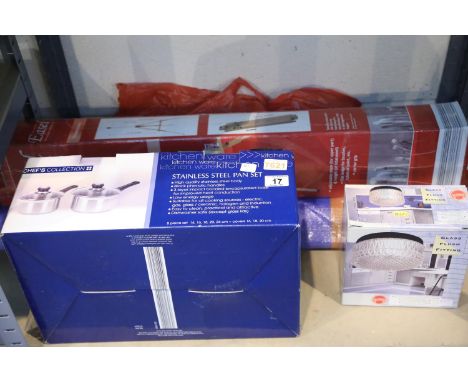 Modern pan set, glass light fitting, windbreaker, artists easel and wallpaper rolls. Not available for in-house P&amp;P. 