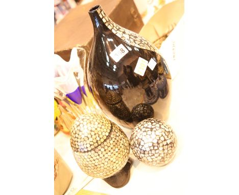Three black ceramic ornaments with mother of pearl inlay, tallest 15". Not available for in-house P&amp;P. 