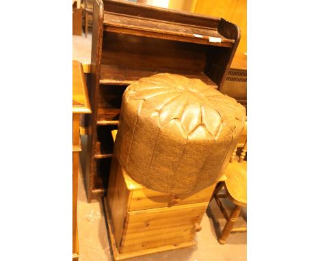 Oak open bookshelves and pine bedside cab and leather pouffe. Not available for in-house P&amp;P. 