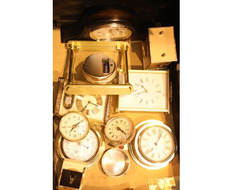 Tray of clocks including brass marine type bulkhead clock and a barometer. Not available for in-house P&amp;P. 