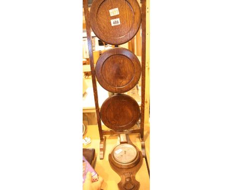 Vintage three shelf oak cake stand and banjo barometer thermometer. Not available for in-house P&amp;P. 