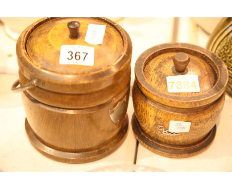 Antique oak biscuit barrel with ceramic liner and similar tea caddy. Not available for in-house P&amp;P. 