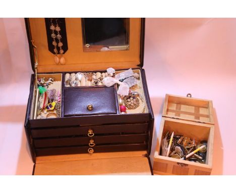 Jewellery box and wooden box with jewellery items including some silver. P&amp;P Group 2 (£18+VAT for the first lot and £3+VA
