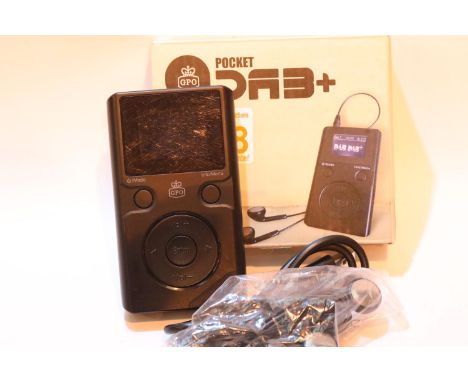 Pocket DAB radio with earphones, inbuilt rechargeable battery and auto adjusting clock, boxed and in working order. P&amp;P G