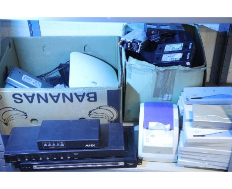 Shelf of mixed IT and data equipment including Dell docking stations and video splitters (all unchecked). Not available for i
