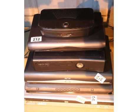 Shelf of mixed electrical including Xbox 360 and Sky HD box (no power leads, all unchecked). Not available for in-house P&amp