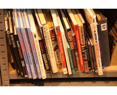 Shelf of mixed hardback motorcycle related books. Not available for in-house P&amp;P. 