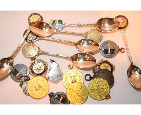 Collection of mid 20th century shooting medals and enamelled teaspoons. P&amp;P Group 1 (£14+VAT for the first lot and £1+VAT